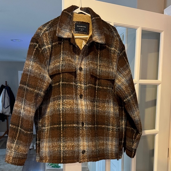 Abercrombie & Fitch Brown and Blue Plaid Wool-Blend Shacket - Picture 2 of 4